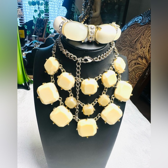 Jewelry - Vintage Bib Necklace & Bracelet/Empire Style/ Acrylic Real Stone and Rhinestones